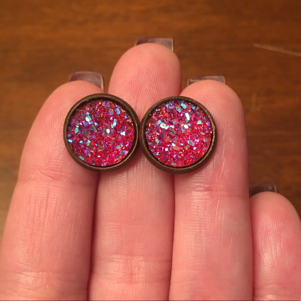 Pink Druzy Stud Earrings